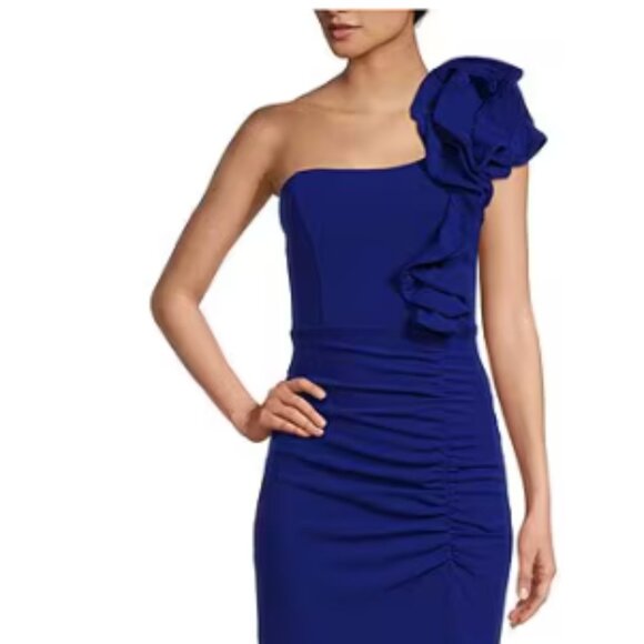 Honey and Rosie One Shoulder Ruffle Ruched Side Slit Long Dress Royal Blue M - Picture 1 of 4